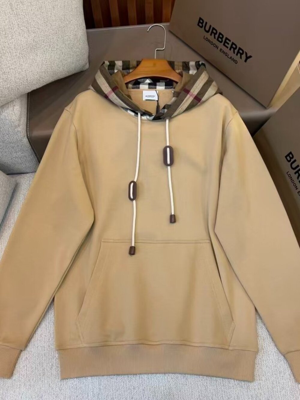 Burberry Beige Hoodie with Signature Check Hood